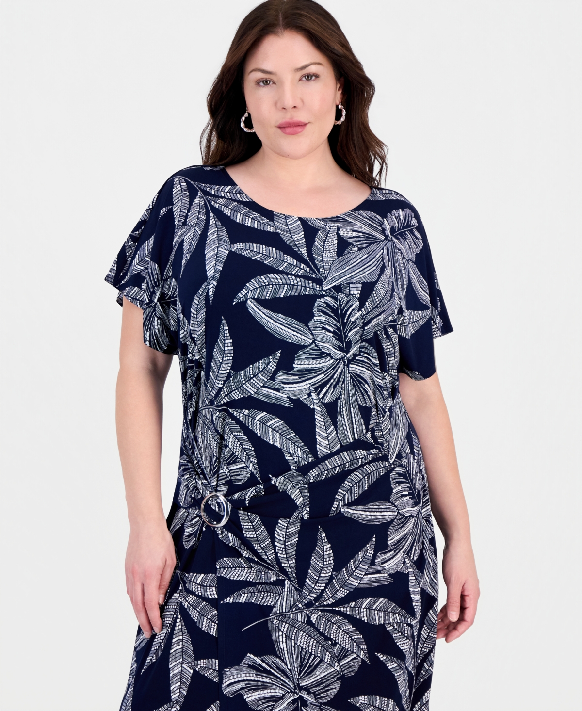 Robbie Bee Plus Printed Faux-Wrap O-Ring Dress