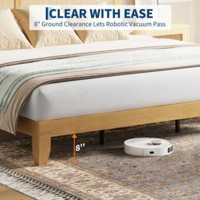 Boho Bed Frame, Rattan Headboard Bed Frame With Led Lights, Noise-Free Platform Light Wood Bed Frame