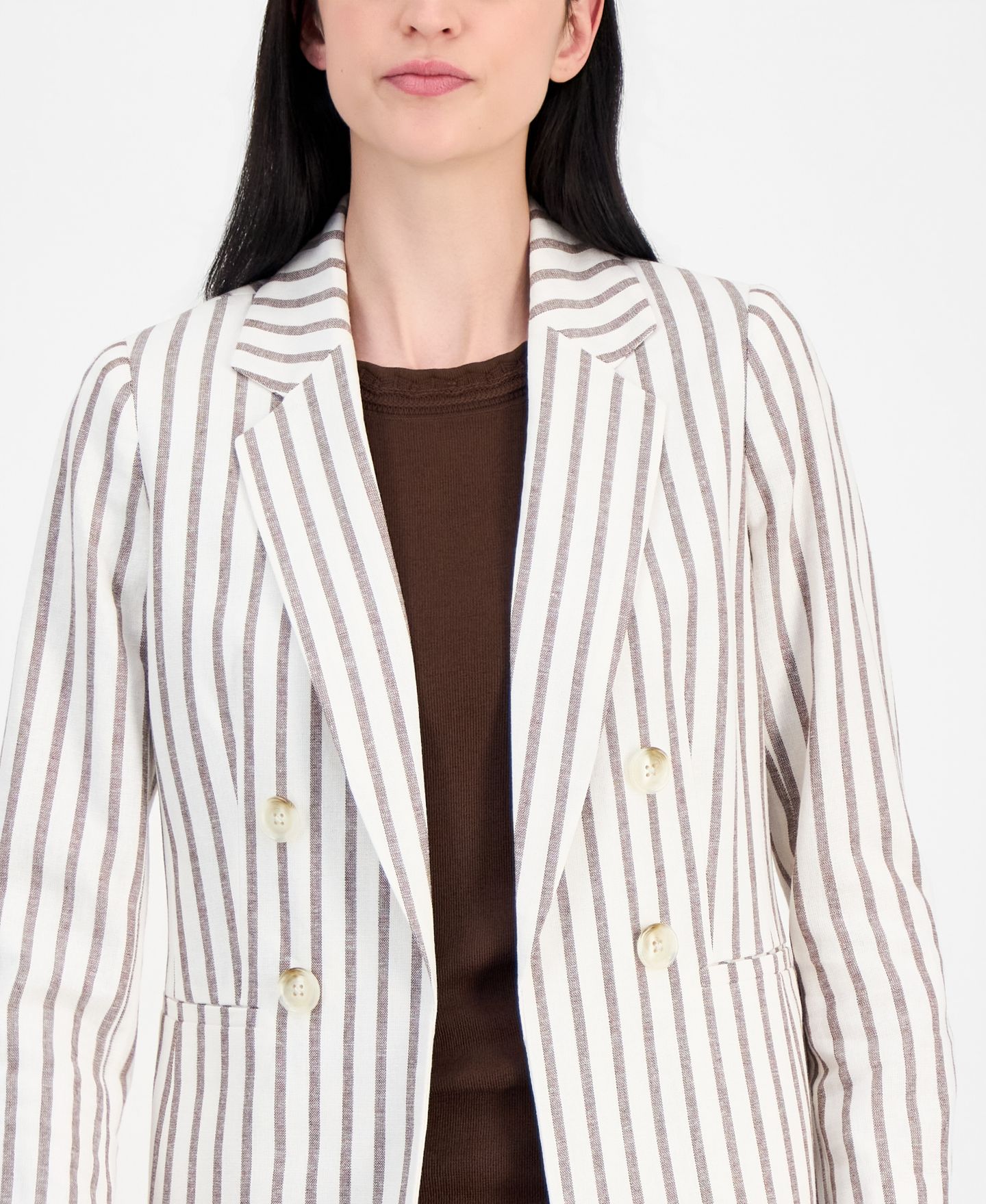 Женский пиджак Anne Klein Linen-Blend Striped Open Front Blazer, цвет: Белый / Тёмный шоколадный — фото 3