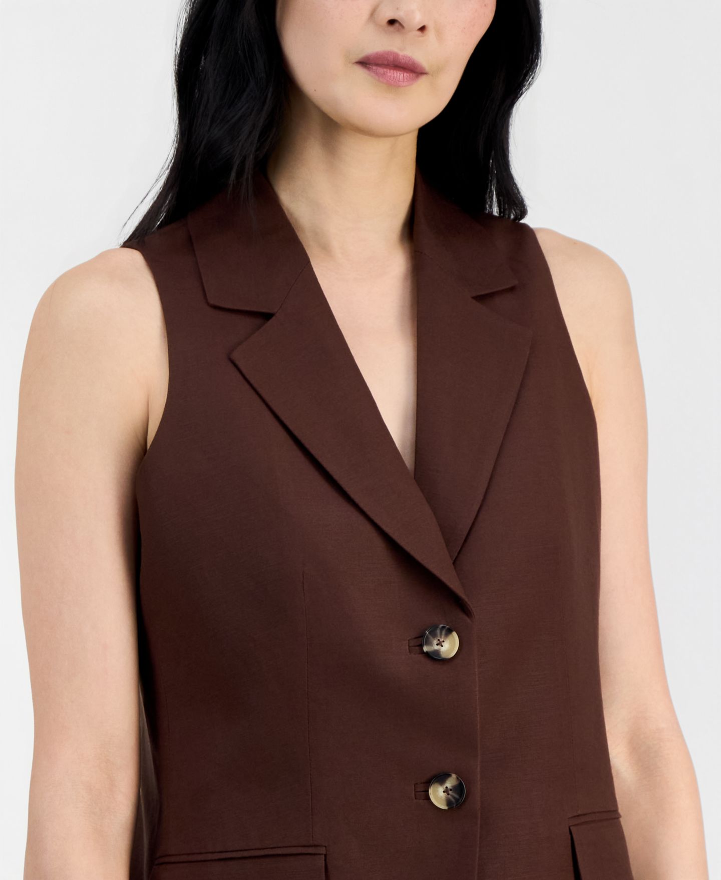 Женский жилет Anne Klein Linen-Blend Two-Button Notch-Collar Vest, Regular & Petite, цвет: Тёмный шоколадный — фото 3
