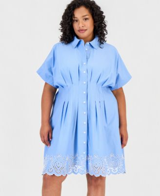 Trendy Plus Size Lotus Sprigs Cutwork Mini Shirtdress