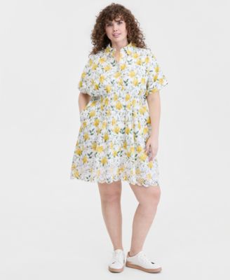 Trendy Plus Size Lotus Sprigs Cutwork Mini Shirtdress