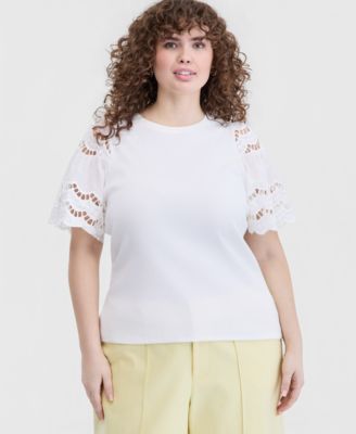 Trendy Plus Size Eyelet Puff-Sleeve Rib-Knit Top