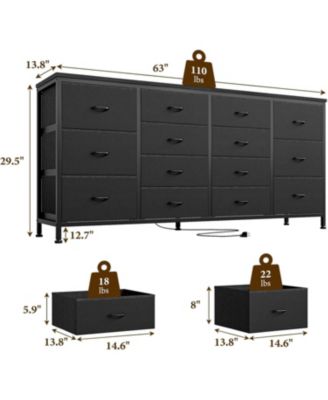 63" W Long Fabric Dresser TV Stand with 14 Drawers and Power Outlets, for 65–75 Inch TVs