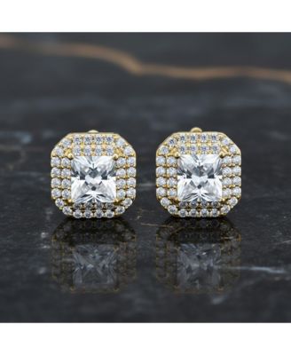 CZ Halo Princess Cut Cubic Zirconia Statement Stud Clip On Earrings Gold Plated