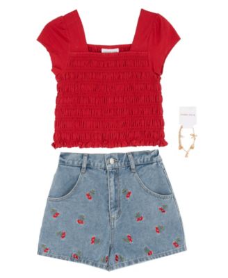Girls' 7-16 Smocked Top and Cherry Embroidered Denim Short, 3-Piece Set
