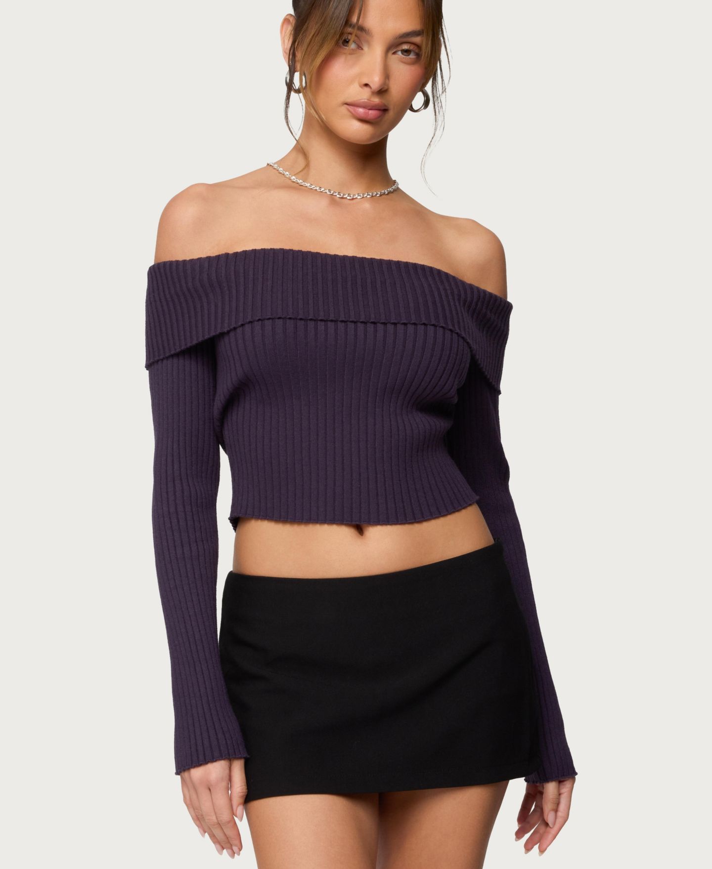 Женский топ Edikted Lauren Knit Foldover, цвет: Фиолетовый — фото 1
