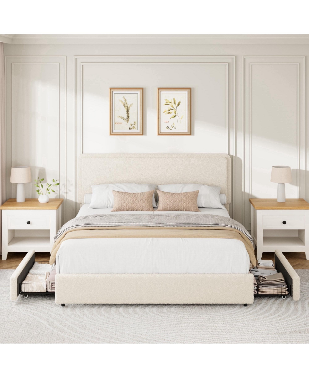 gaomon Teddy Fleece 2 Drawer Adjustable Headboard Bed Frame