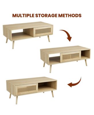 Coffee Table with Storage, Accent Center Table with Sliding PE Rattan Woven Door Panel and Wood Legs