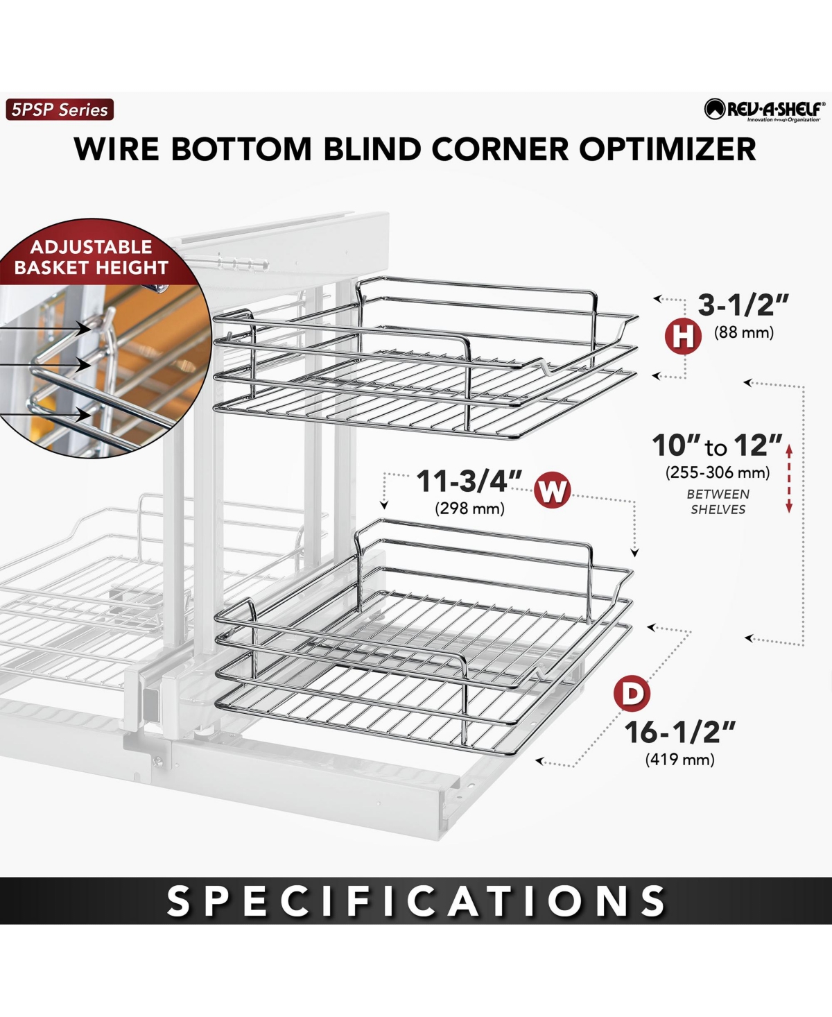 Rev-a-Shelf Chrome 2-Tier w/ Soft-Close-15" Blind Cabinet Opening, 5PSP-15SC-cr