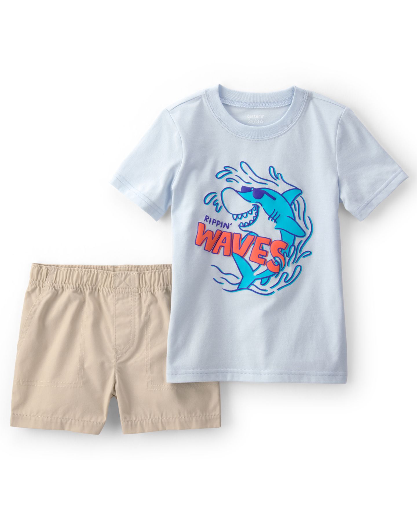 Детский комплект Carter's для малышей: топ и шорты с акулой, 2T-5T, цвет: Синий / Бежевый — фото 1
