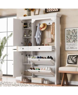 54.7'' Hall Tree, 4-in-1 MDF Entryway Coat Rack with 4 Hooks, Shoe Cabinet and Mirrored Cabinet for Entrance, Living Room