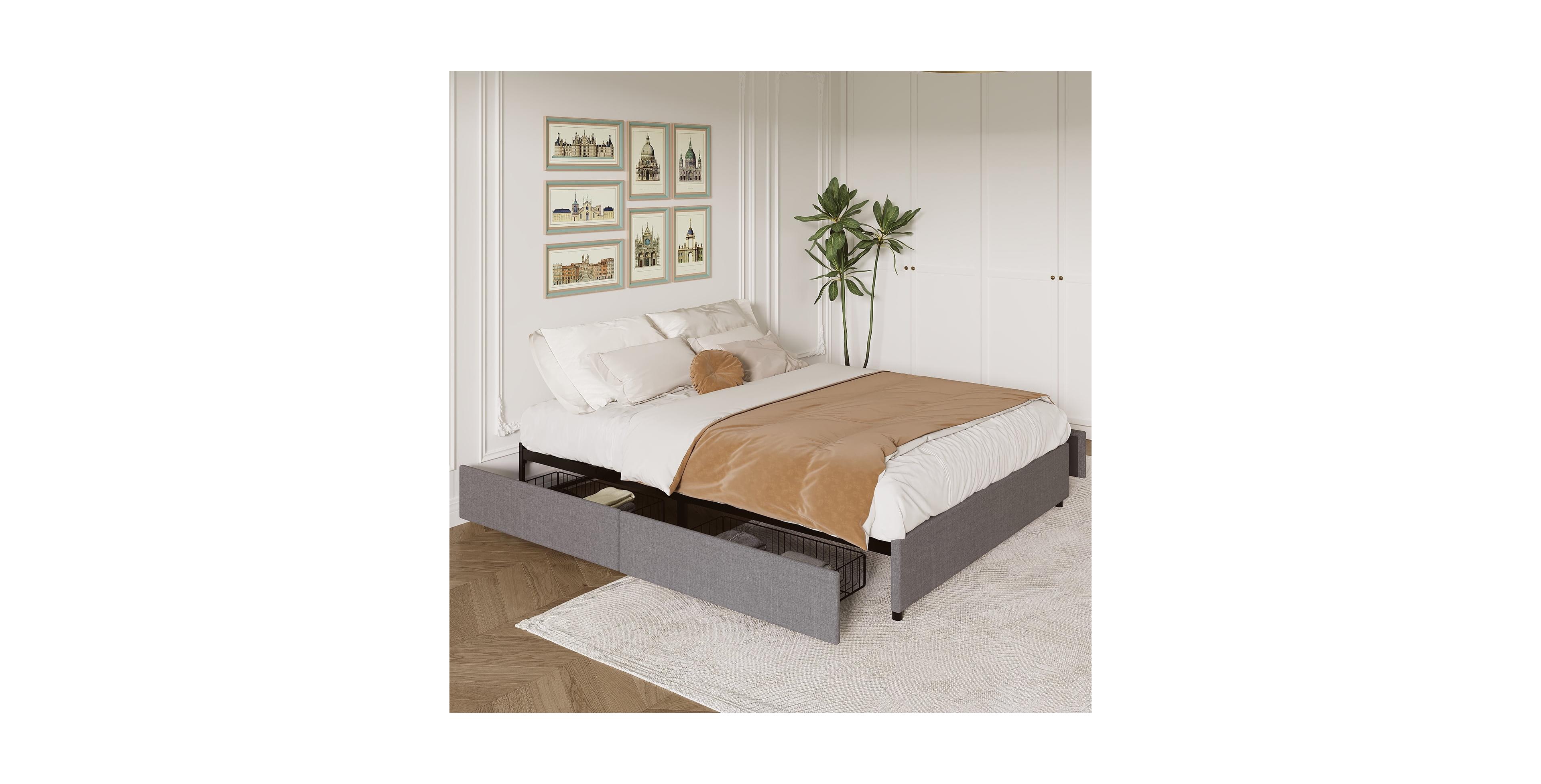 gaomon Fabric Upholstered Bed Frame with 4 Storage Drawers, Heavy-Duty Steel Frame