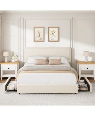 Teddy Fleece Bed Frame, Cloud Cream Bed Frame with 2 Storage Drawer and Adjustable Headboard