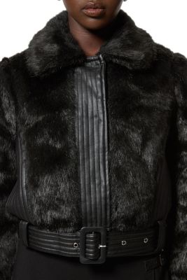 Women's Faux Fur Pu Panel Belted Cropped Jacket