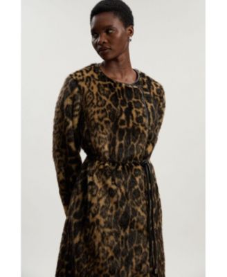 Women's Faux Fur Collarless Tie Belted Midi Coat