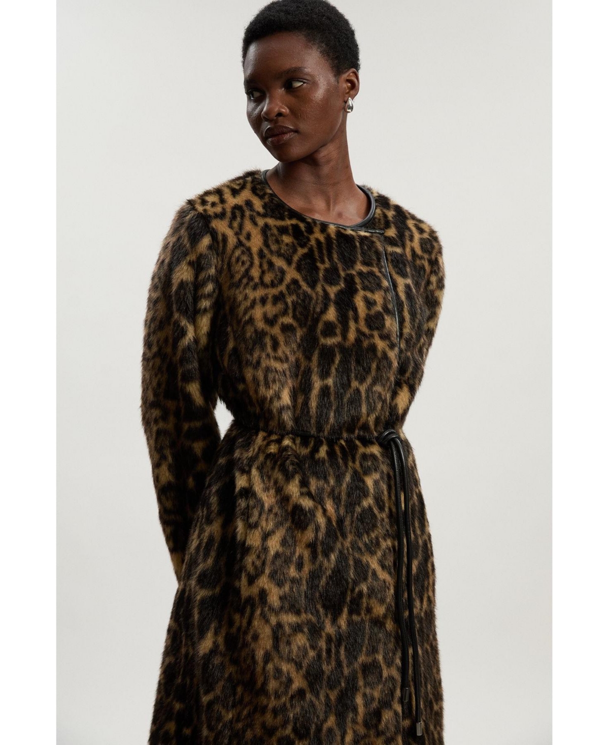 Karen Millen Women's Faux Fur Collarless Tie Belted Midi Coat