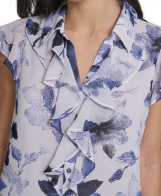 Women's Printed Cap-Sleeve Ruffle Front Top