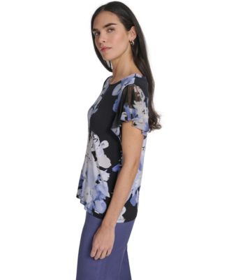 Women's Mixed Media Cap-Sleeve Top