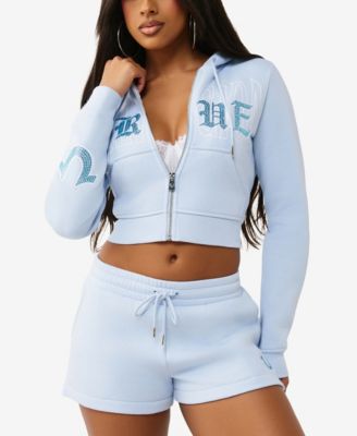 Women's Embroidered Shrunken Zip Hoodie Sweatshirt