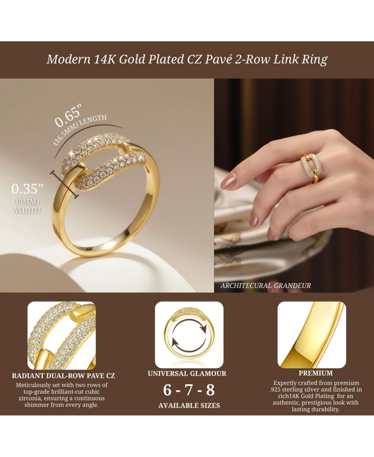 Sterling Silver 14K Gold Plated and 2-Row of Cubic Zirconia Modern Ring