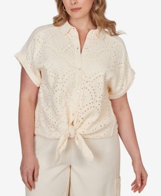 Plus Size Eyelet Front Gauze Tie-Front T-Shirt