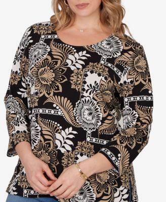 Plus Size Tropical Patchwork Scoop Neck Knit Top