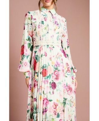 Women's Pleated Lace Trim Midi Dress