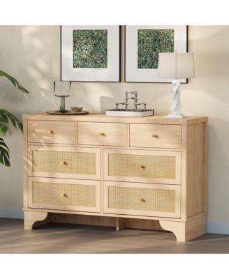 47.3 in Wide Wood Chest of Drawers with Natural Rattan Drawers, Drawer Organizer with Sturdy Base