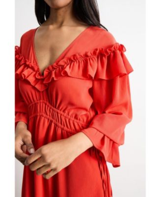 Women's Ruffle Shoulder Detail Boho Maxi Dress