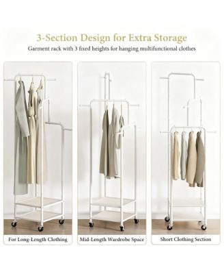 71" Heavy Duty Metal Clothes Rack, 3-Section, 6 Hooks, 2 Shelves, Portable