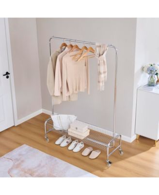 Heavy Duty Garment Rack, Portable Closet Wardrobe Rack, Rolling Clothing Rack with Wheels and Storage Basket for Hanging Clothes