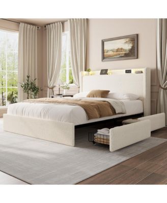 Platform Bed Frame, Lighted Upholstered Bed Frame with 4 Storage Drawers and Headboard