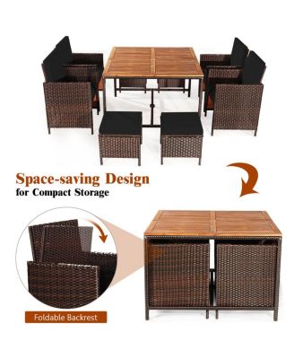 9 PCS Patio Rattan Dining Set Cushioned Chairs Ottoman Wood Table Top