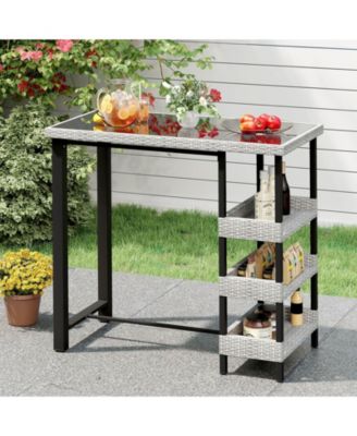 43.5" Outdoor Bar Table with Tempered Glass Top & 3 Rattan Shelves Storage
