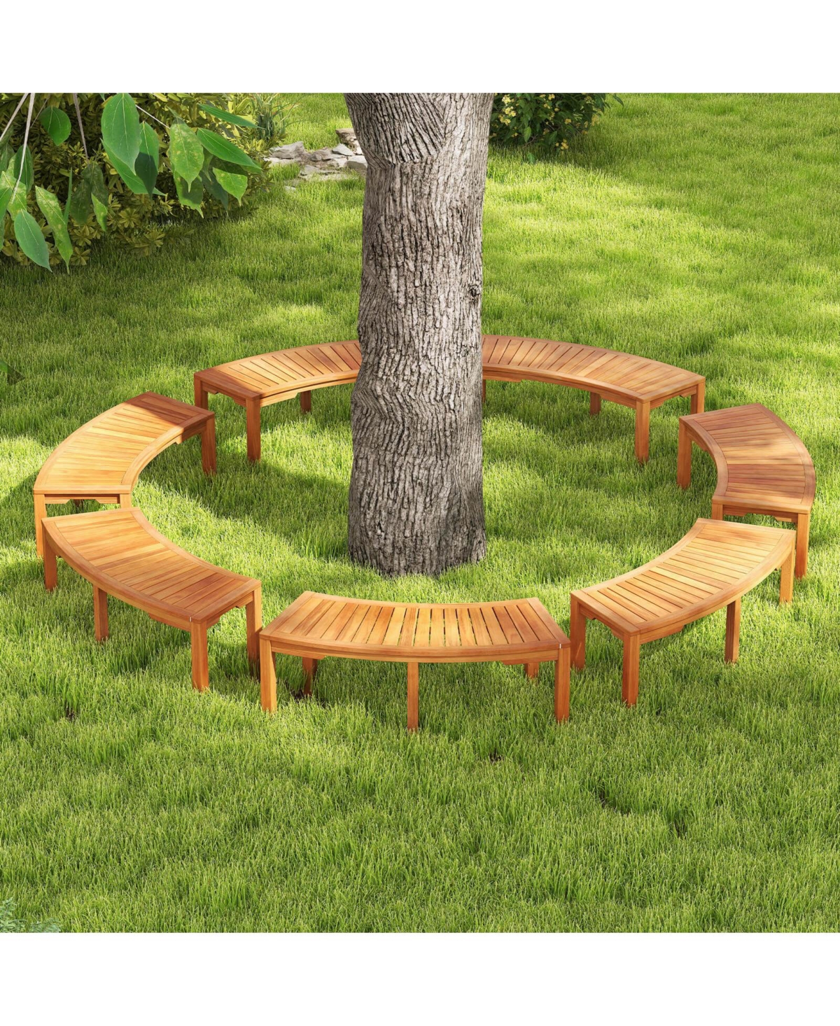 Outdoor Curved Bench with Slatted Seat Wrap Around Tree Bench 2-Person Seating