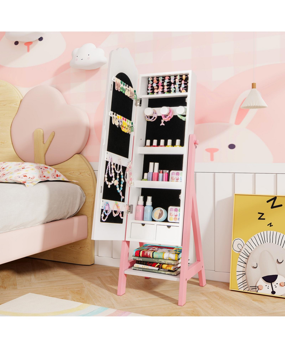 Kids Jewelry Cabinet with Full-Length Mirror, Freestanding Jewelry Armoire Organizer for Girls