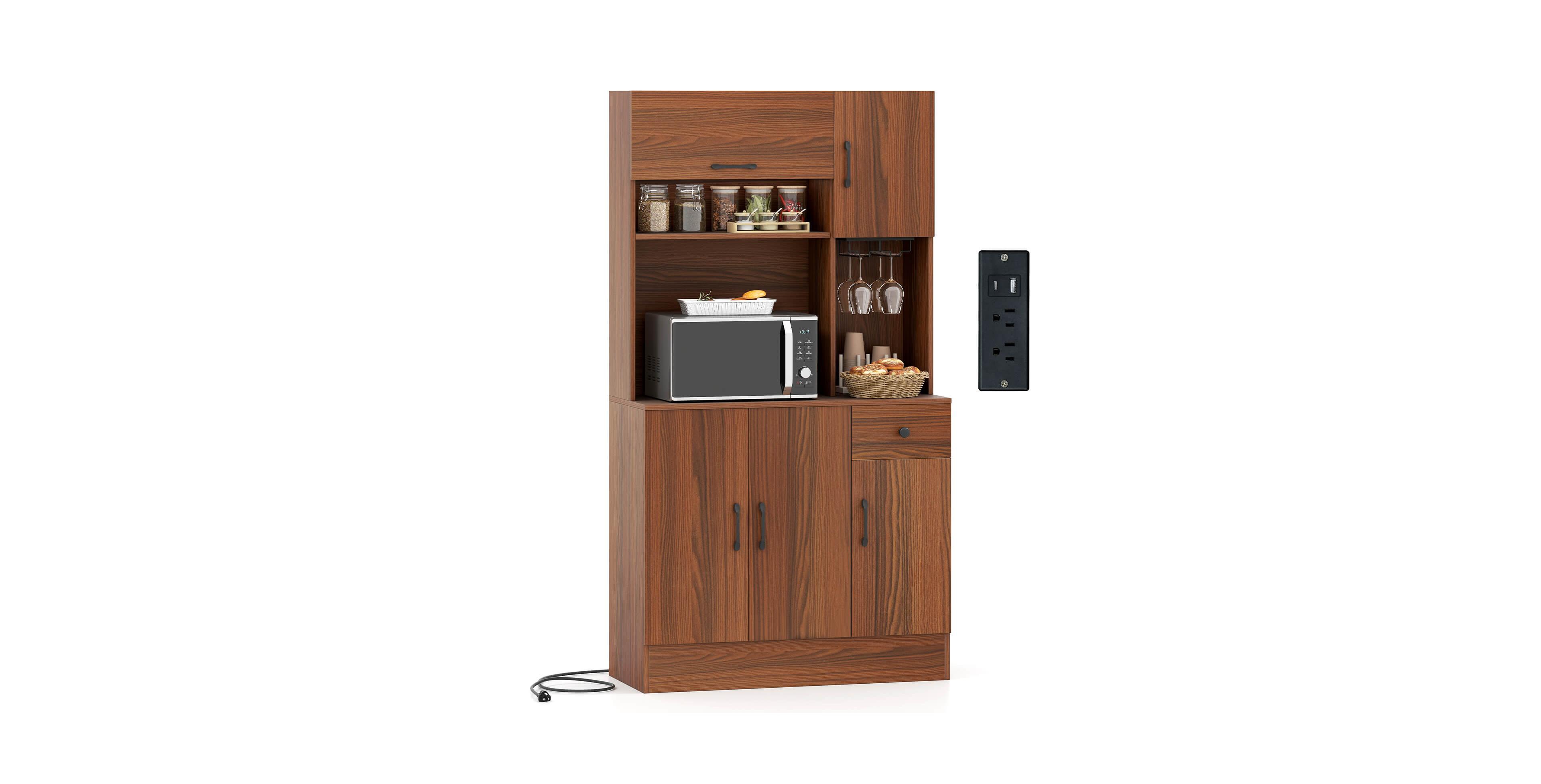Costway 66" Pantry Cabinet Tall Kitchen Storage Cabinet with Charging Station