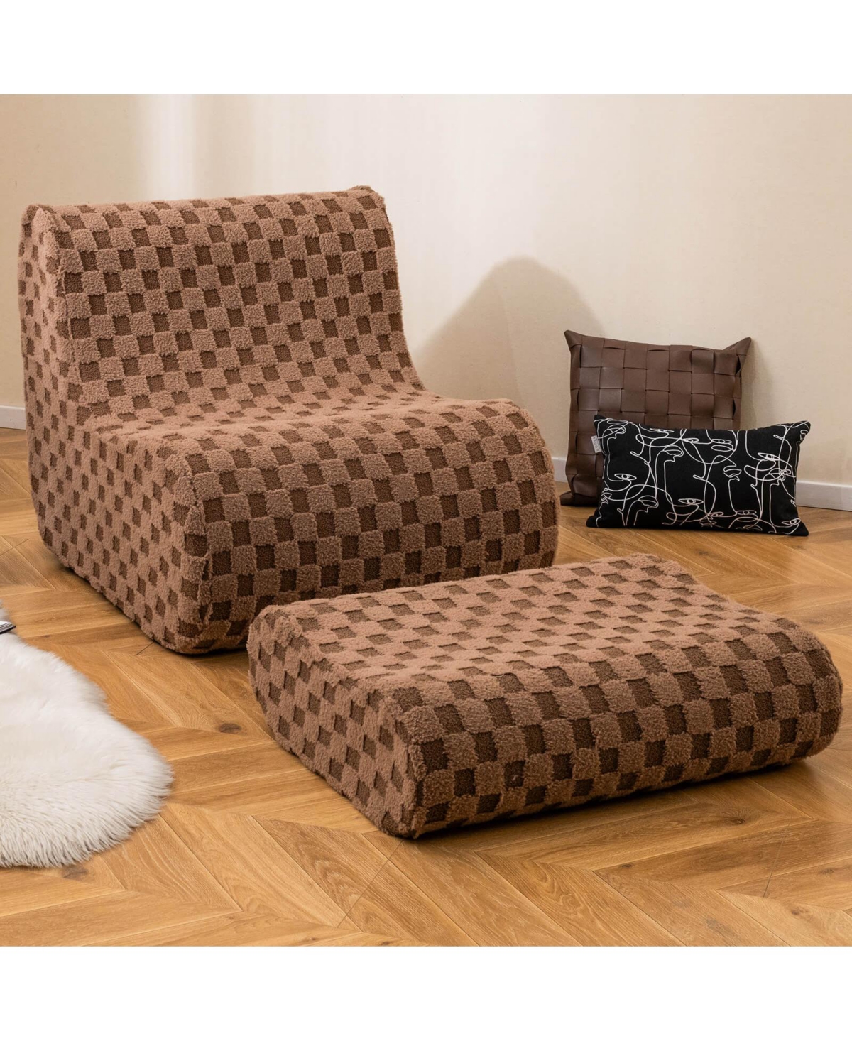 Bean Bag Chair with Ottoman High Elasticity Sponge Non-slip Bottom & Velvet Cover