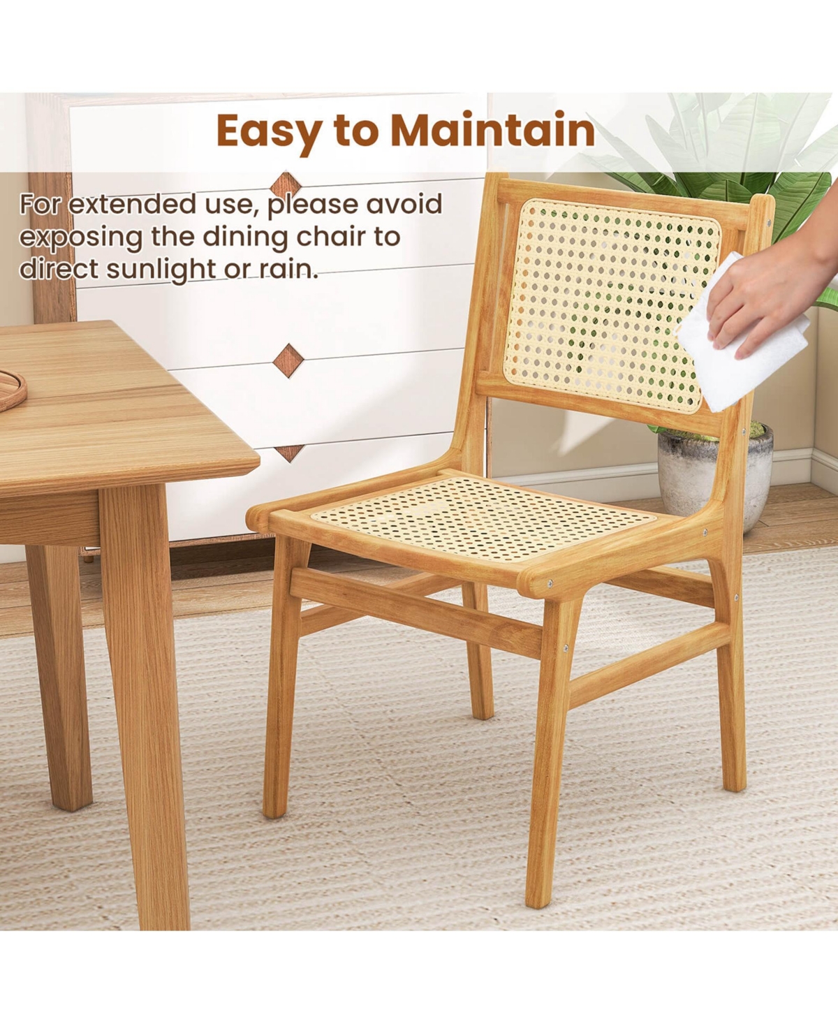 2 Pcs Rattan Dining Chair with Natural Cane Woven Backrest & Seat & Teak Wood Frame