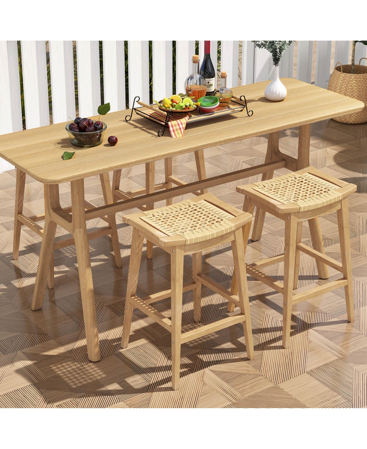 4 Pcs 29" Teak Wood Bar Stool with Footrest & Saddle Seat Boho Bar Height Stool