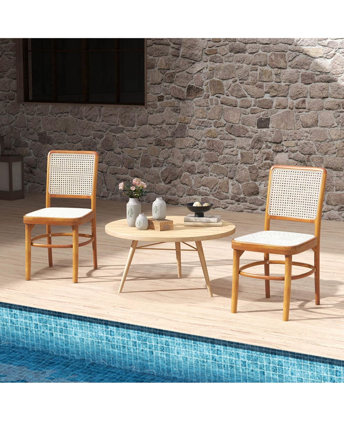 Set of 4 Boho Dining Chairs with Teak Wood Structure & Footrests for Indoor Use