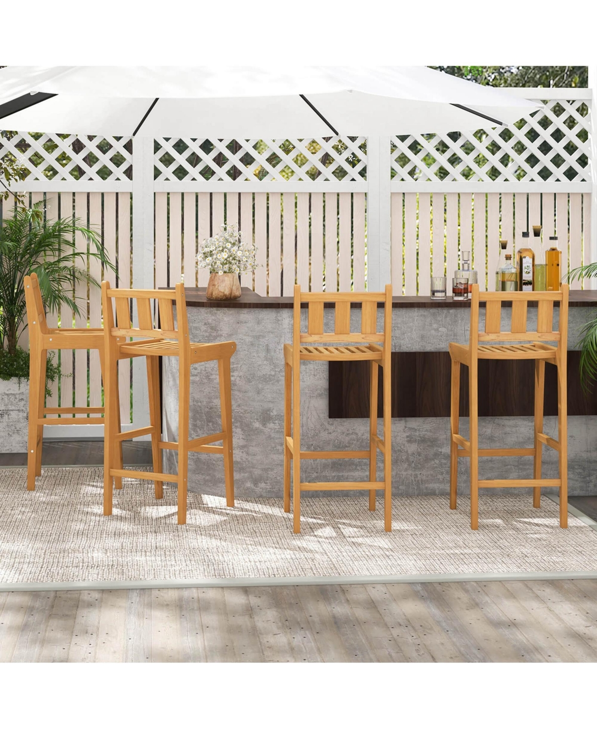 2 Pcs 30" Teak Wood Bar Stool with Footrest & Backrest Wooden Bar Height Chair