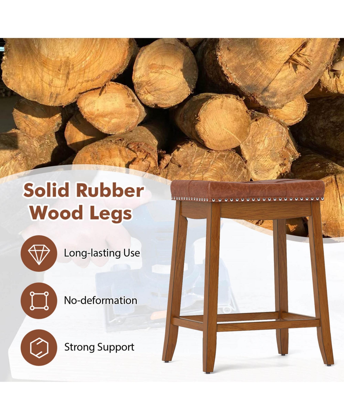 Saddle Bar Stools Set of with Pu Leather Seat Solid Rubber Wood Frame Footrest