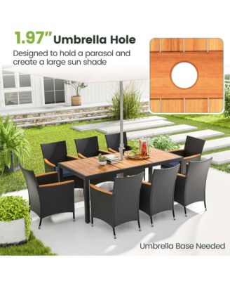 9 PCS Outdoor Dining Set with Acacia Wood Tabletop, Umbrella Hole, Seat Cushions