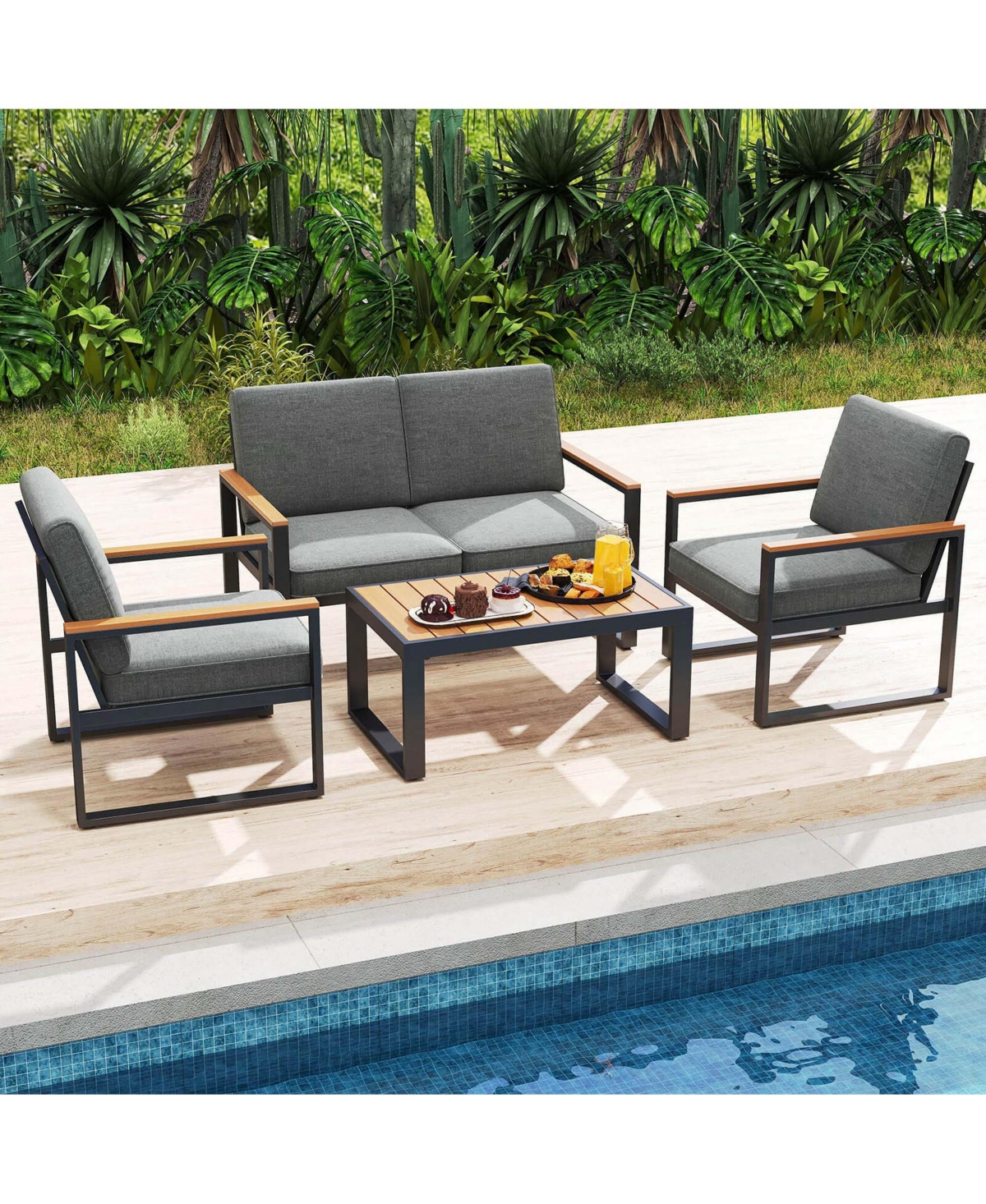 4 Pcs Patio Aluminum Furniture Set Wood-Plastic Armrests & Tabletop for Balcony