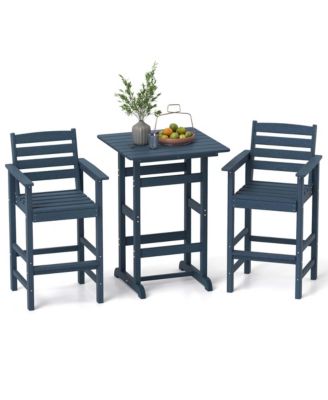 3-Piece Patio HDPE Bar Set Armchairs with Square High-Top Table Footrest & Backrest