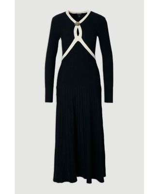 Women's Rib Knit Trim Full Skirt Midi Dress