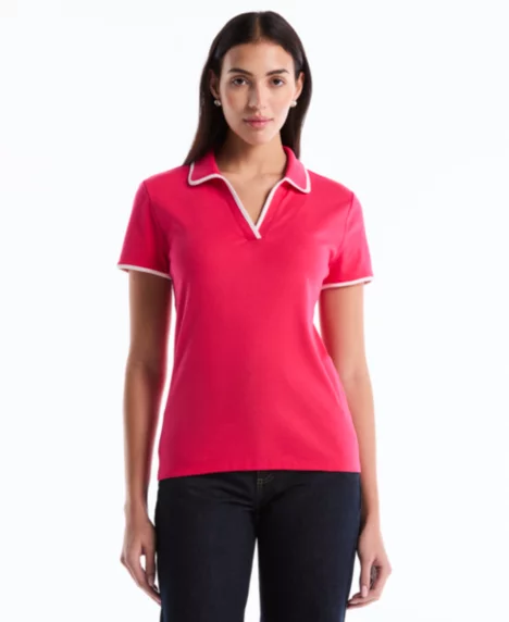 Petite Contrast Trim Johnny Collar Polo Shirt - Raspberry