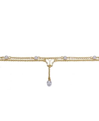 14K Gold Plated Double Layer Pearl and Butterfly Anklet